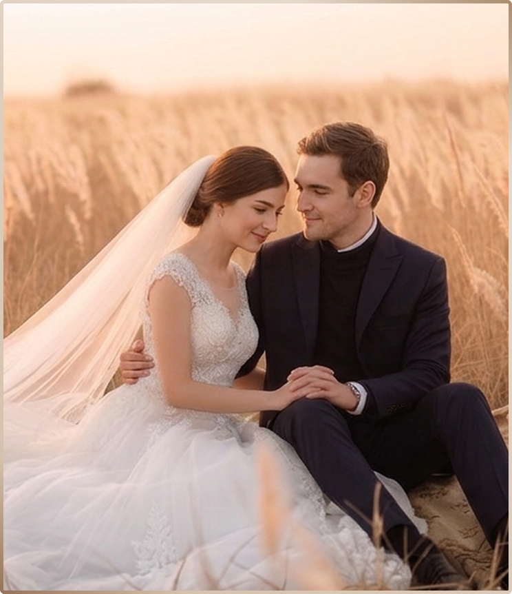 A couple sharing an intimate moment in a golden wheat field at sunset